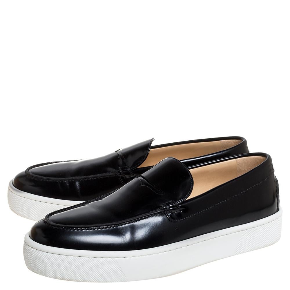 Men's Christian Louboutin Black Glossy Leather Paqueboat Slip On Sneakers Size 45