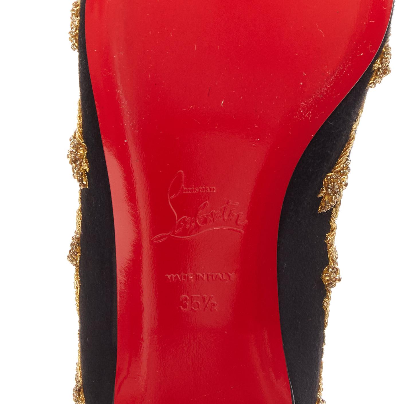CHRISTIAN LOUBOUTIN - Escarpins pointus en cuir velours noir brodé d'or EU35.5 en vente 5