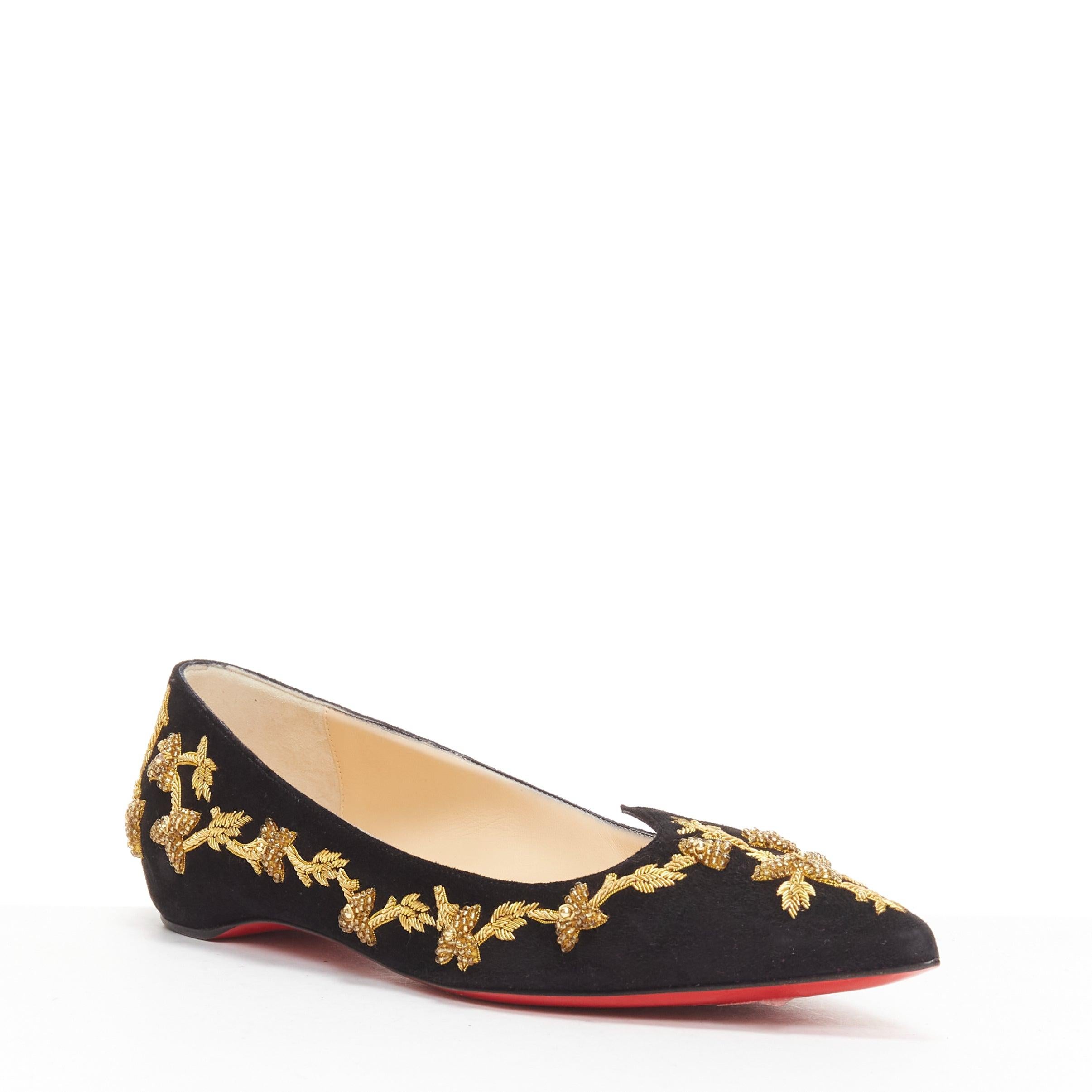 CHRISTIAN LOUBOUTIN black gold embroidery suede leather pointy flats EU35.5 In Excellent Condition For Sale In Hong Kong, NT