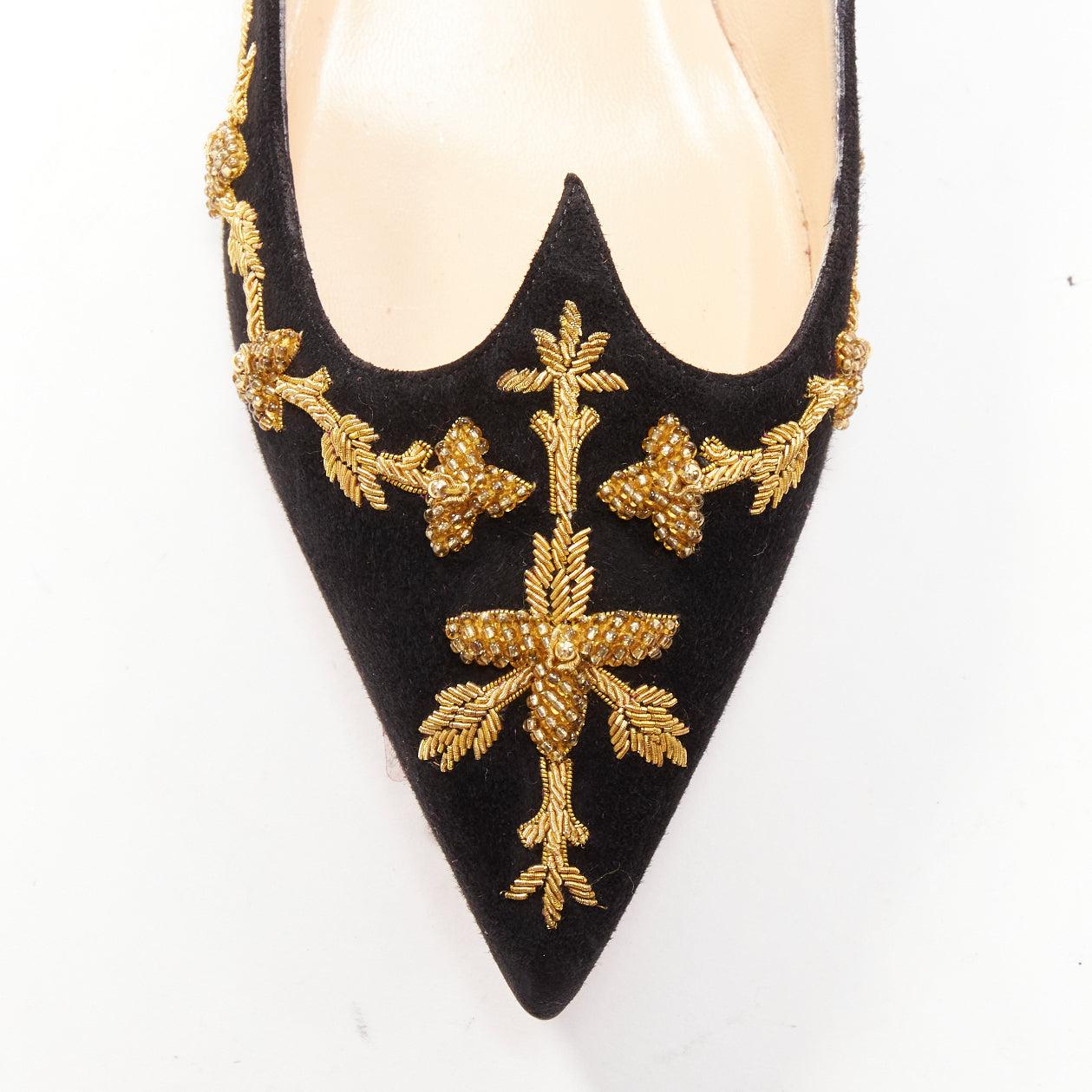 CHRISTIAN LOUBOUTIN black gold embroidery suede leather pointy flats EU35.5 For Sale 2