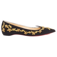 CHRISTIAN LOUBOUTIN black gold embroidery suede leather pointy flats EU35.5
