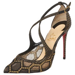 Christian Louboutin Black/Gold Fabric And Mesh Twistissima Crisscross Size 37.5