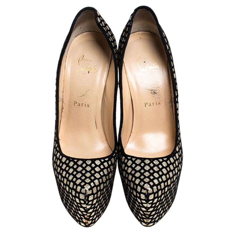 Take your love for Louboutins to new heights by adding this gorgeous pair to your collection. The pumps simply speak high fashion in every stitch and curve. The exteriors come made from glitter fabric and suede, and the pumps are finished with