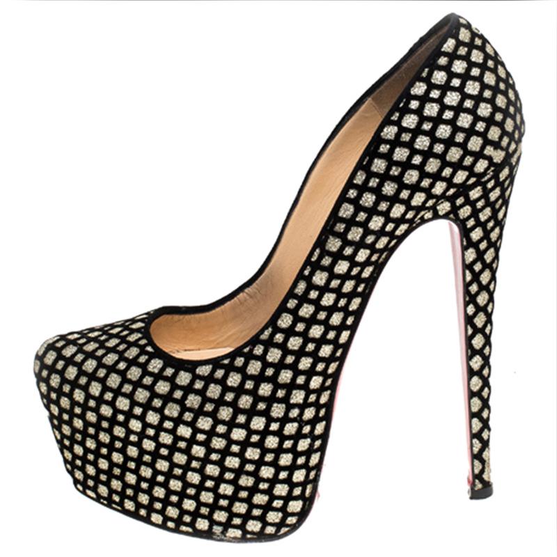 Christian Louboutin Black/Gold Glitter Floque and Suede Daffodile Platform Pumps 2