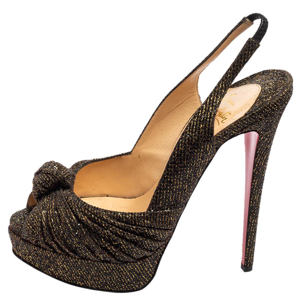 Women's Christian Louboutin Black/Gold Glitter Jenny Knotted Platform Sandals Size 39 For Sale