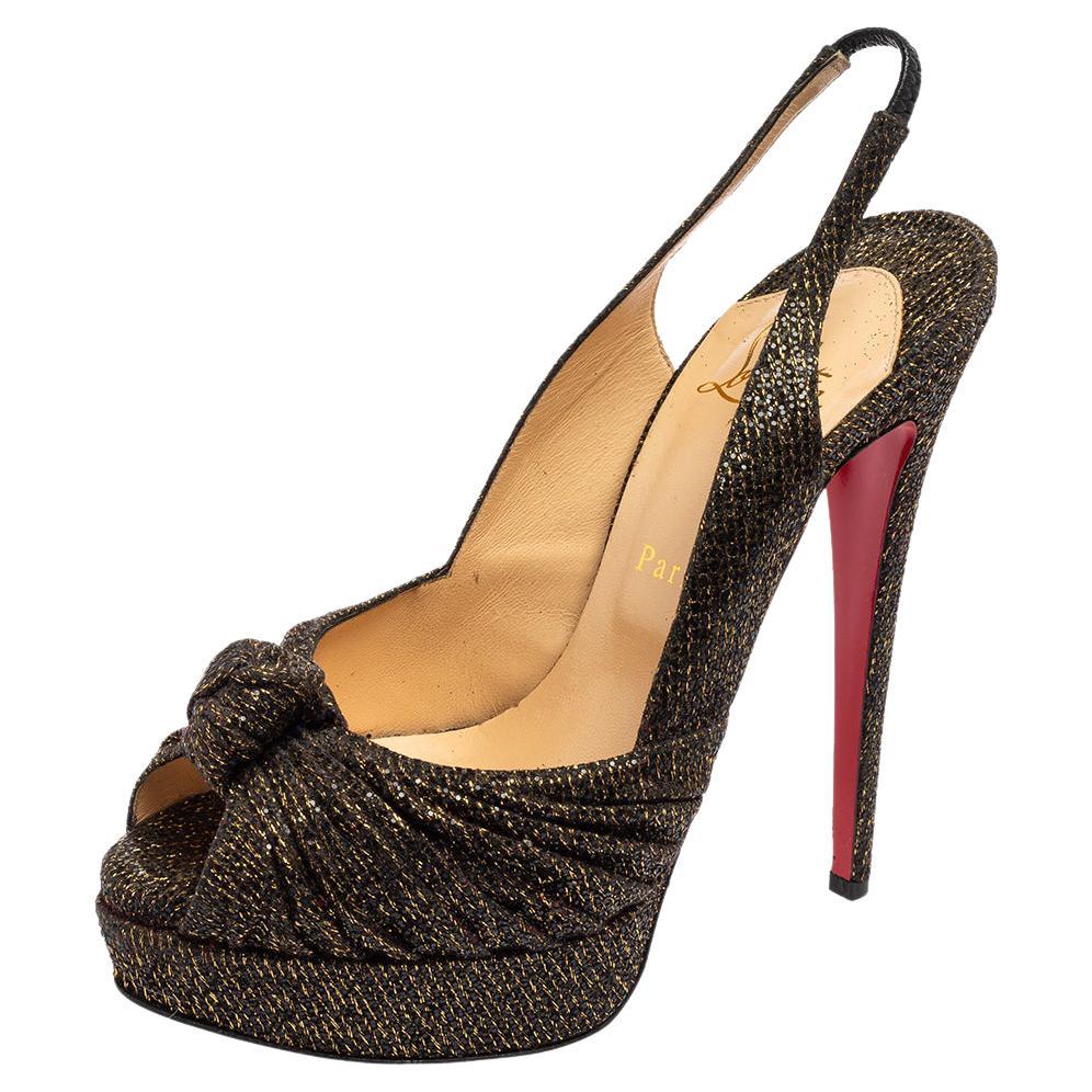 Christian Louboutin Black/Gold Glitter Jenny Knotted Platform Sandals Size 39