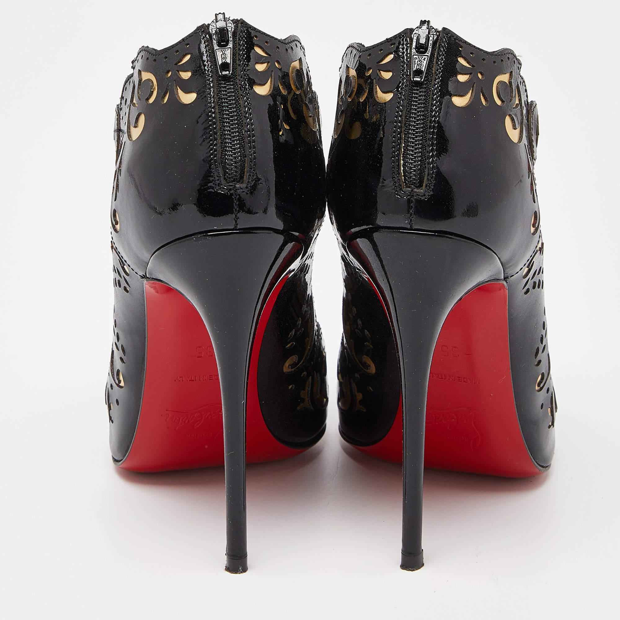 Women's Christian Louboutin Black/Gold Laser Cut Patent Leather Mandolina Booties Size 3 For Sale