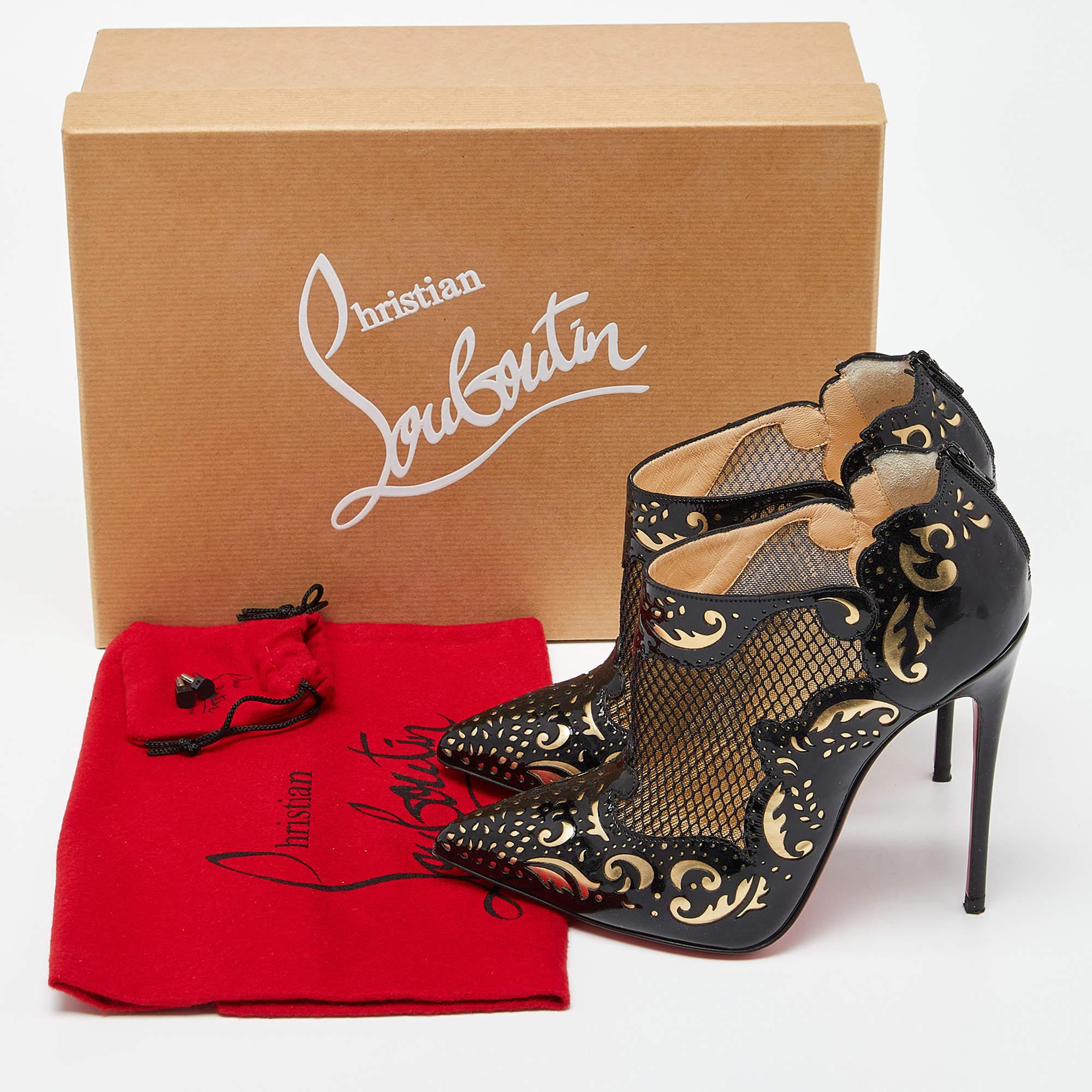 Christian Louboutin Black/Gold Laser Cut Patent Leather Mandolina Booties Size 3 For Sale 3