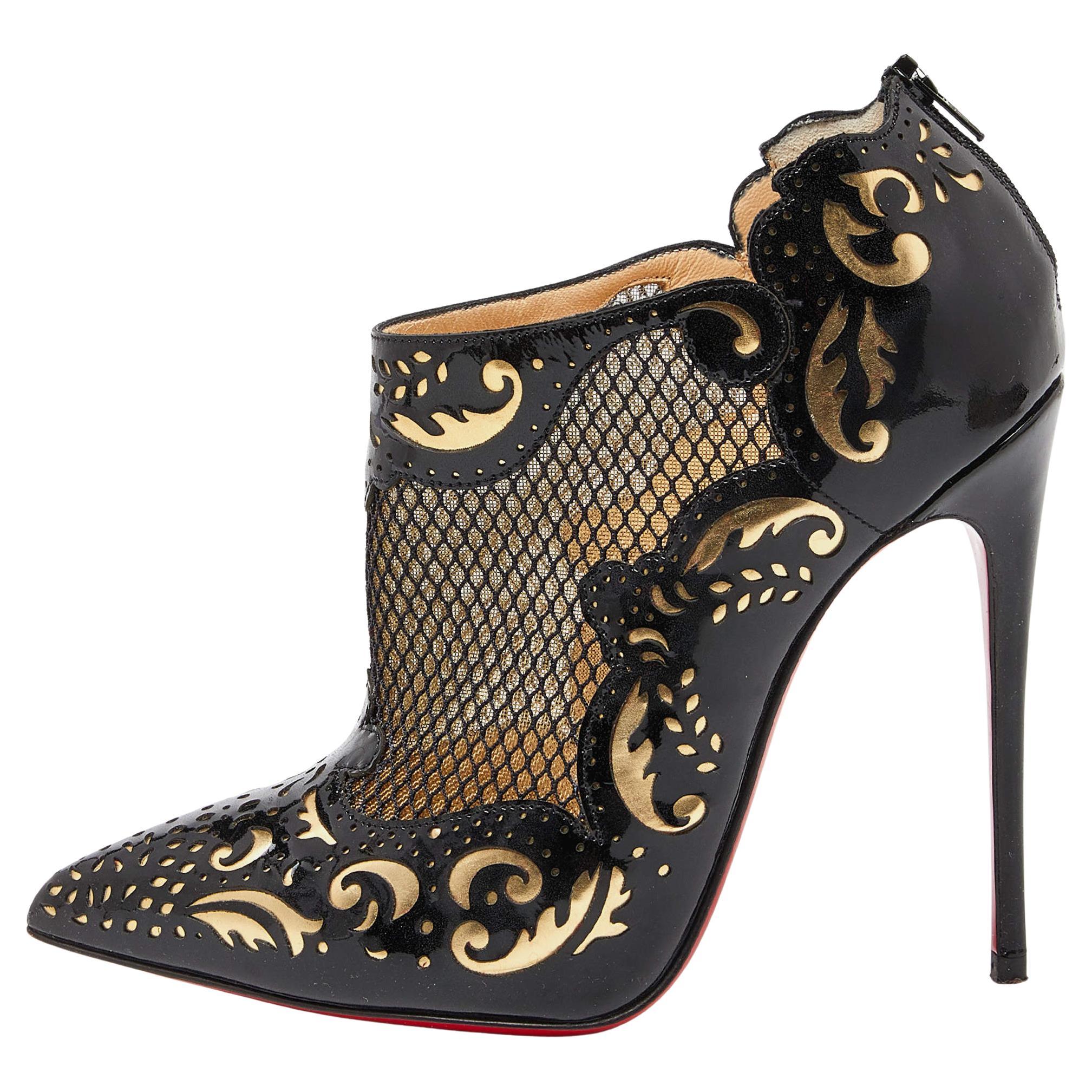 Christian Louboutin Black/Gold Laser Cut Patent Leather Mandolina Booties Size 3 For Sale