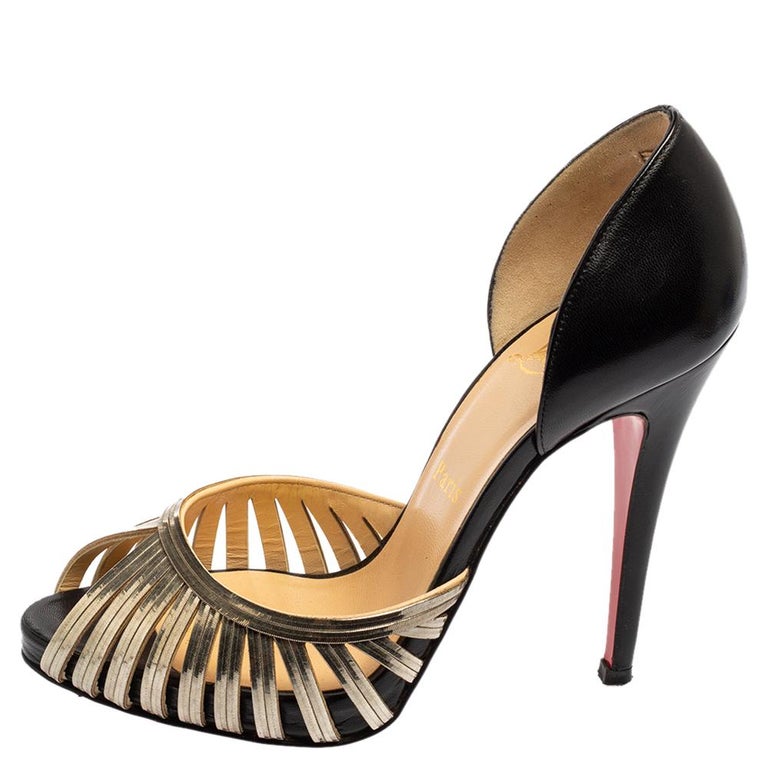 Christian Louboutin Black/Gold Leather and Metal Corpus Peep-Toe Pumps Size  37 For Sale at 1stDibs