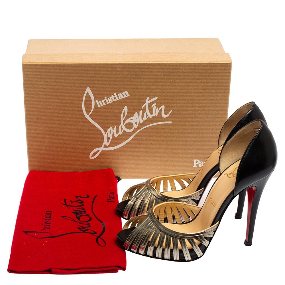 Women's Christian Louboutin Black/Gold Leather and Metal Corpus Peep-Toe Pumps Size 37 For Sale