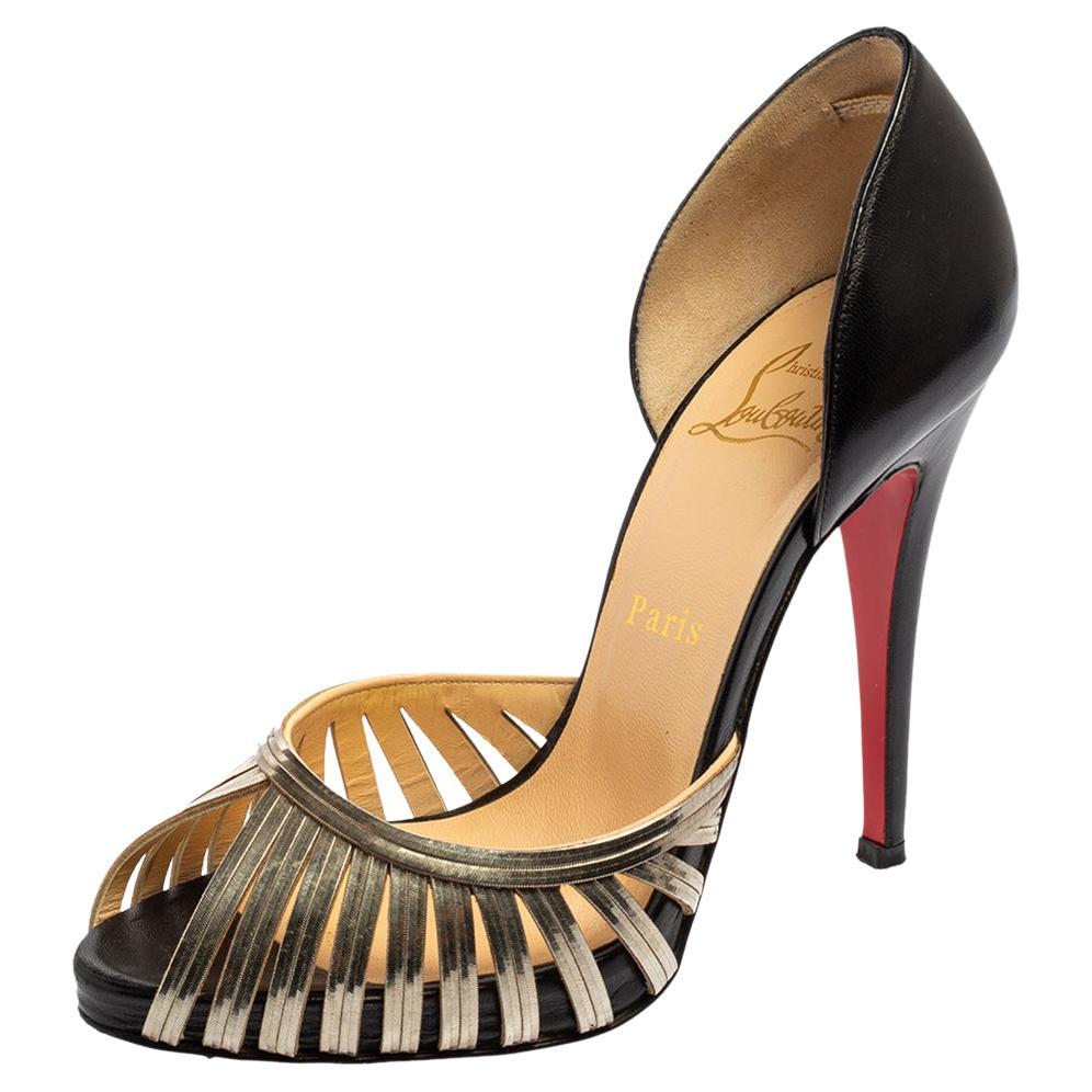Christian Louboutin Black/Gold Leather and Metal Corpus Peep-Toe Pumps Size 37 For Sale