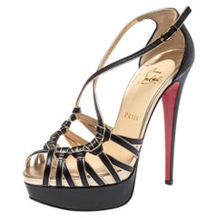 Christian Louboutin Black/Gold Leather Strappy Platform Sandals Size 38
