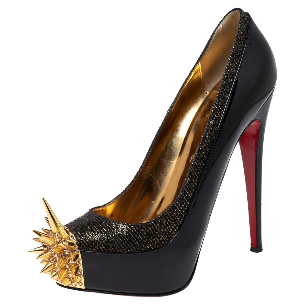 Christian Louboutin Black/Gold Lurex Fabric Asteroid Spike Pumps Size 39.5 For Sale