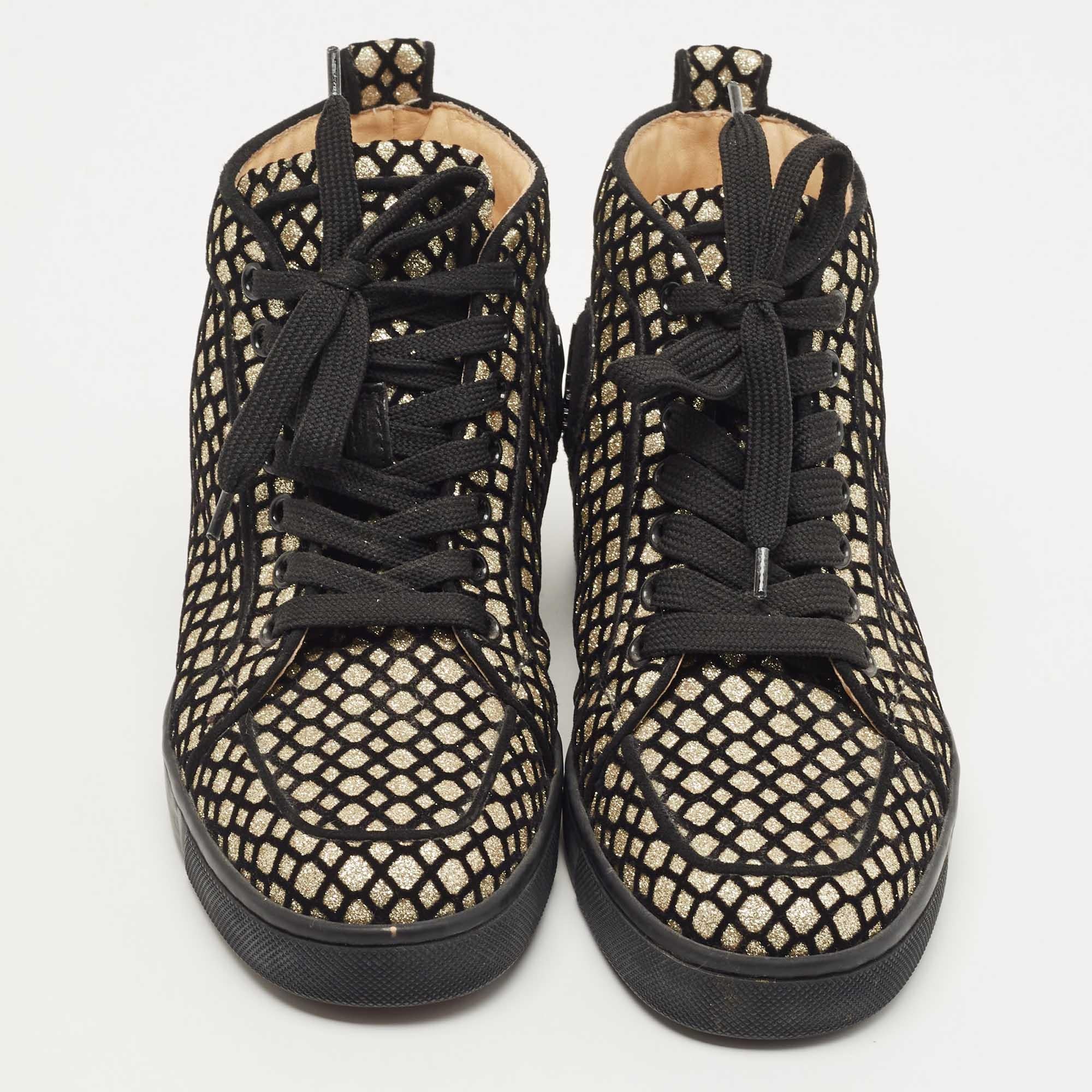Women's Christian Louboutin Black/Gold Mesh and Glitter Rantus Orlato Sneakers Size 35.5 For Sale