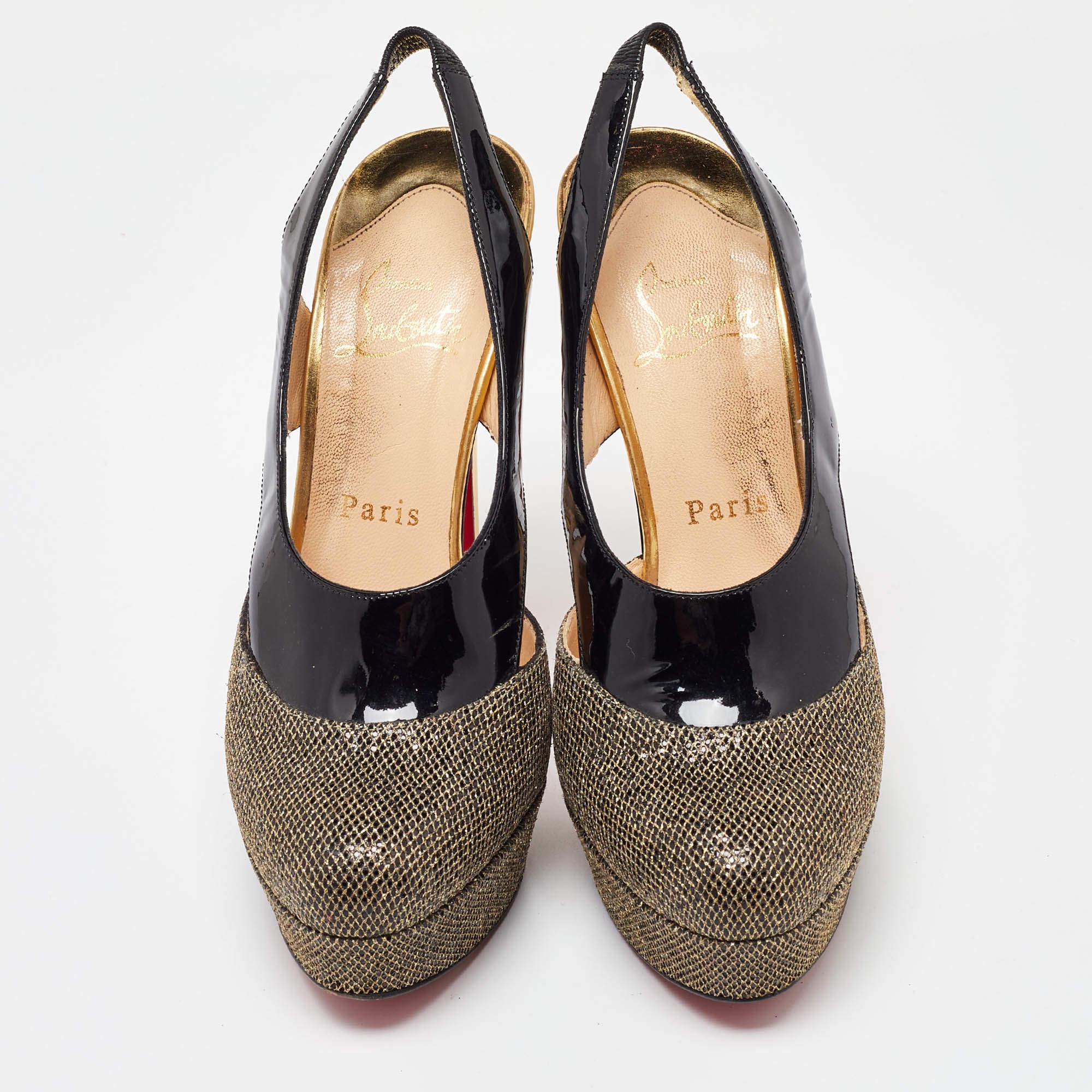 Christian Louboutin Black/Gold Patent and Mesh Platform Slingback Pumps Size 37 In Fair Condition For Sale In Dubai, Al Qouz 2