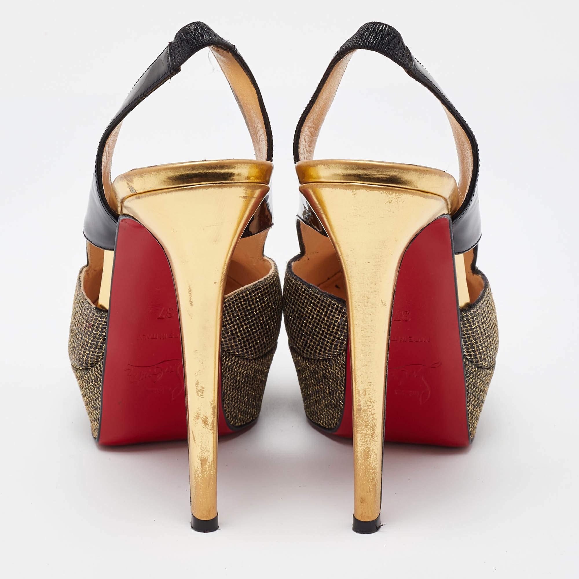 Christian Louboutin Black/Gold Patent and Mesh Platform Slingback Pumps Size 37 For Sale 1