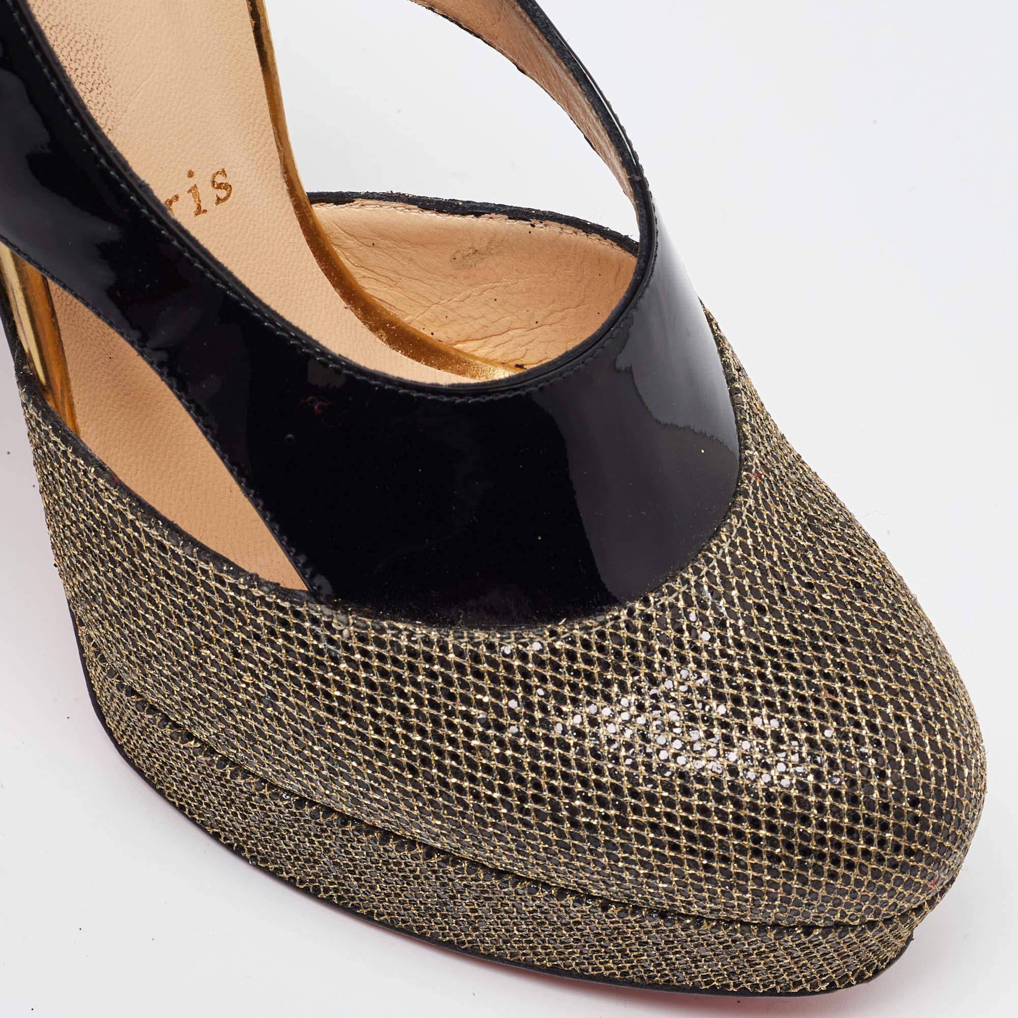 Christian Louboutin Black/Gold Patent and Mesh Platform Slingback Pumps Size 37 For Sale 3
