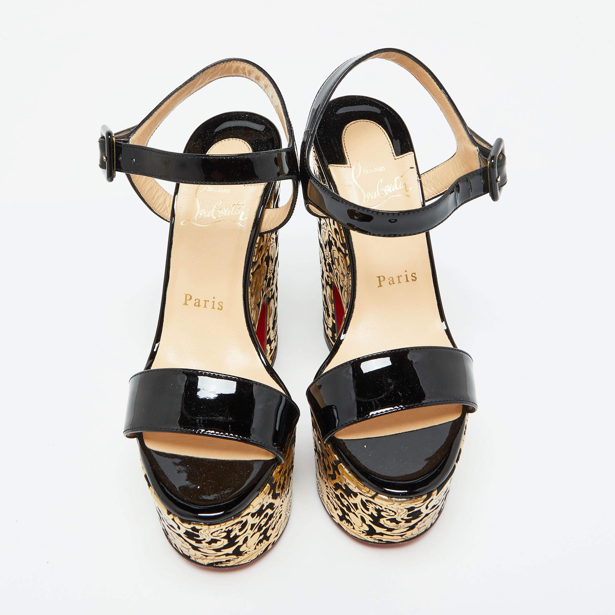 Christian Louboutin Sandalias de charol negro/oro con plataforma floral Bella Tige talla 36 Beige