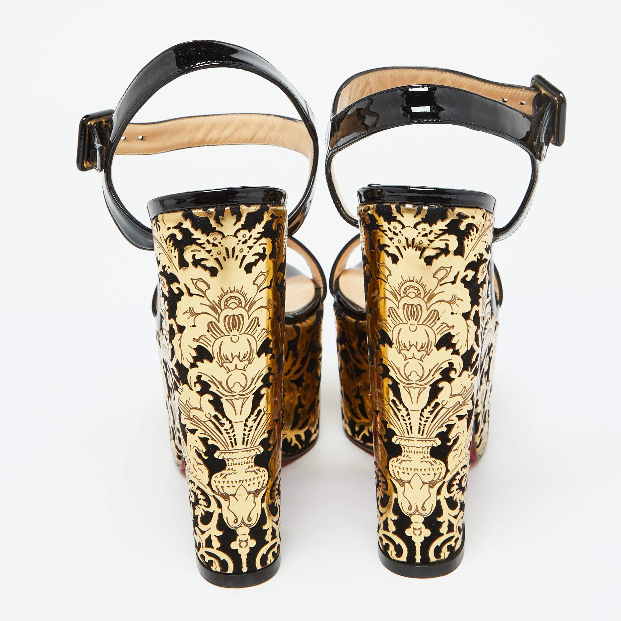 De las mujeres Christian Louboutin Sandalias de charol negro/oro con plataforma floral Bella Tige talla 36