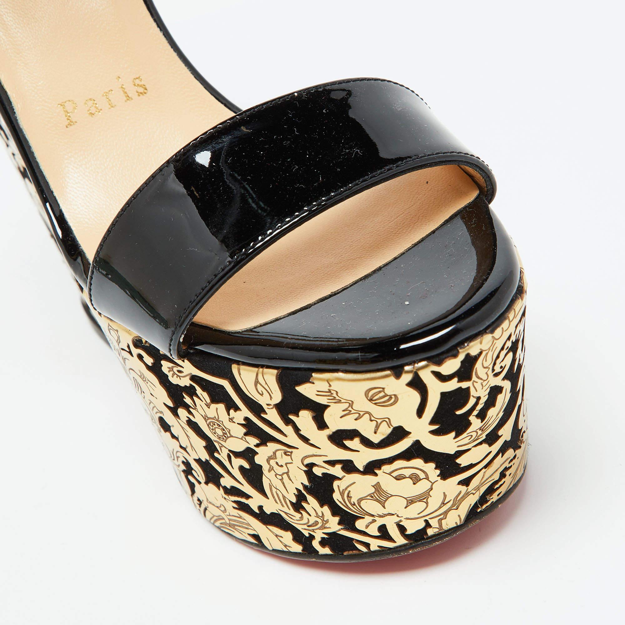 Christian Louboutin Sandalias de charol negro/oro con plataforma floral Bella Tige talla 36 2