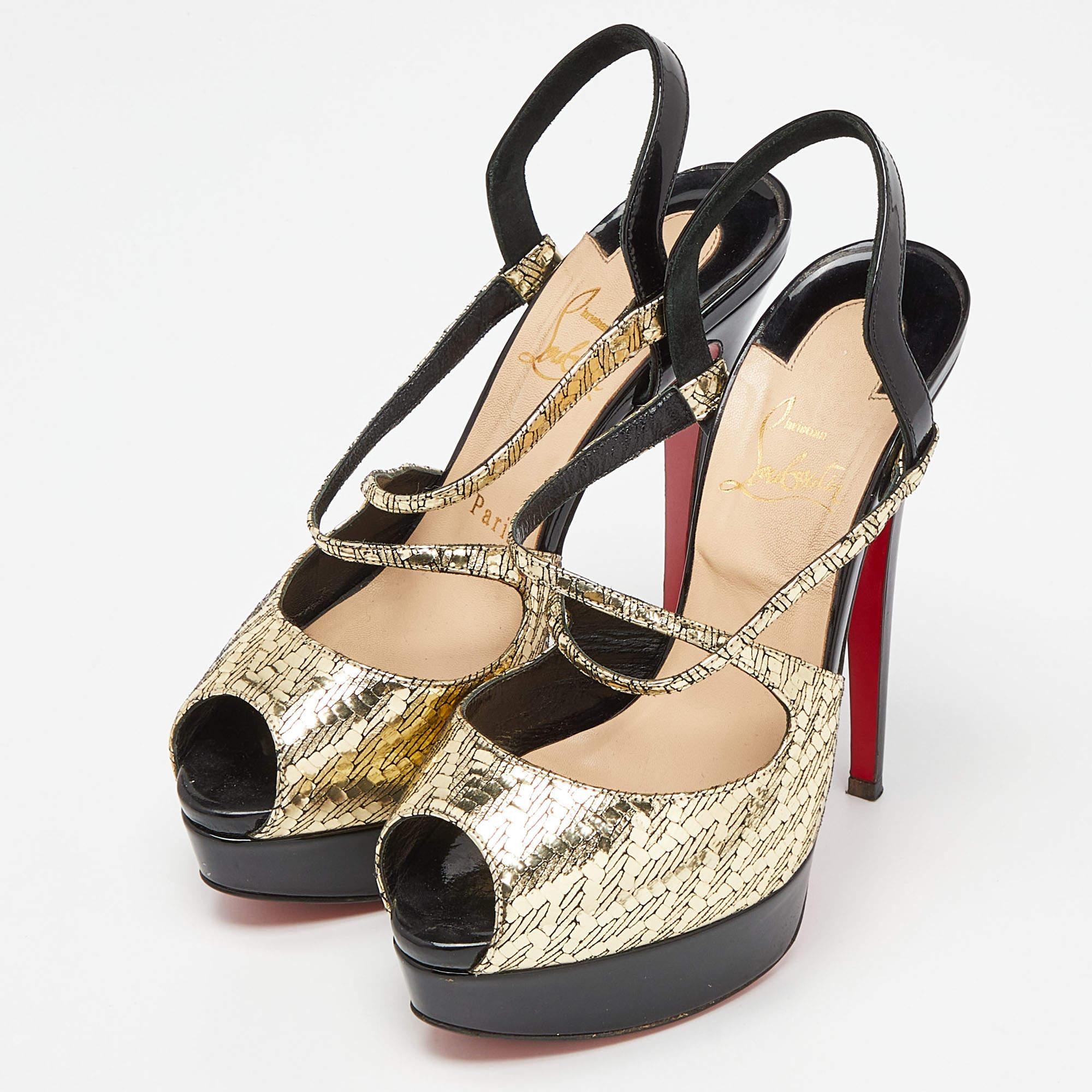 Christian Louboutin Black/Gold Patent Leather Cross Street Strappy Sandals Size  For Sale 2