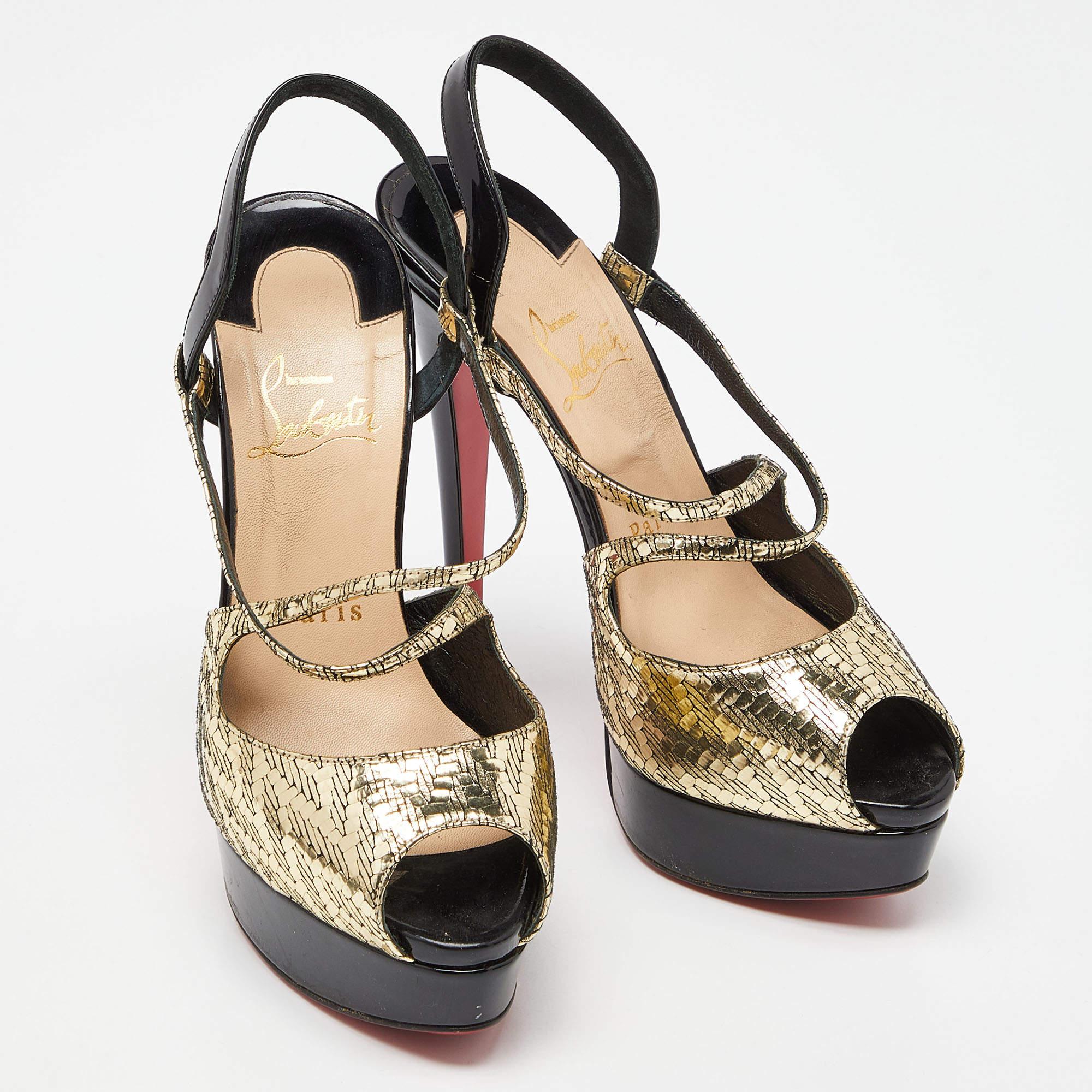 Christian Louboutin Black/Gold Patent Leather Cross Street Strappy Sandals Size  For Sale 4