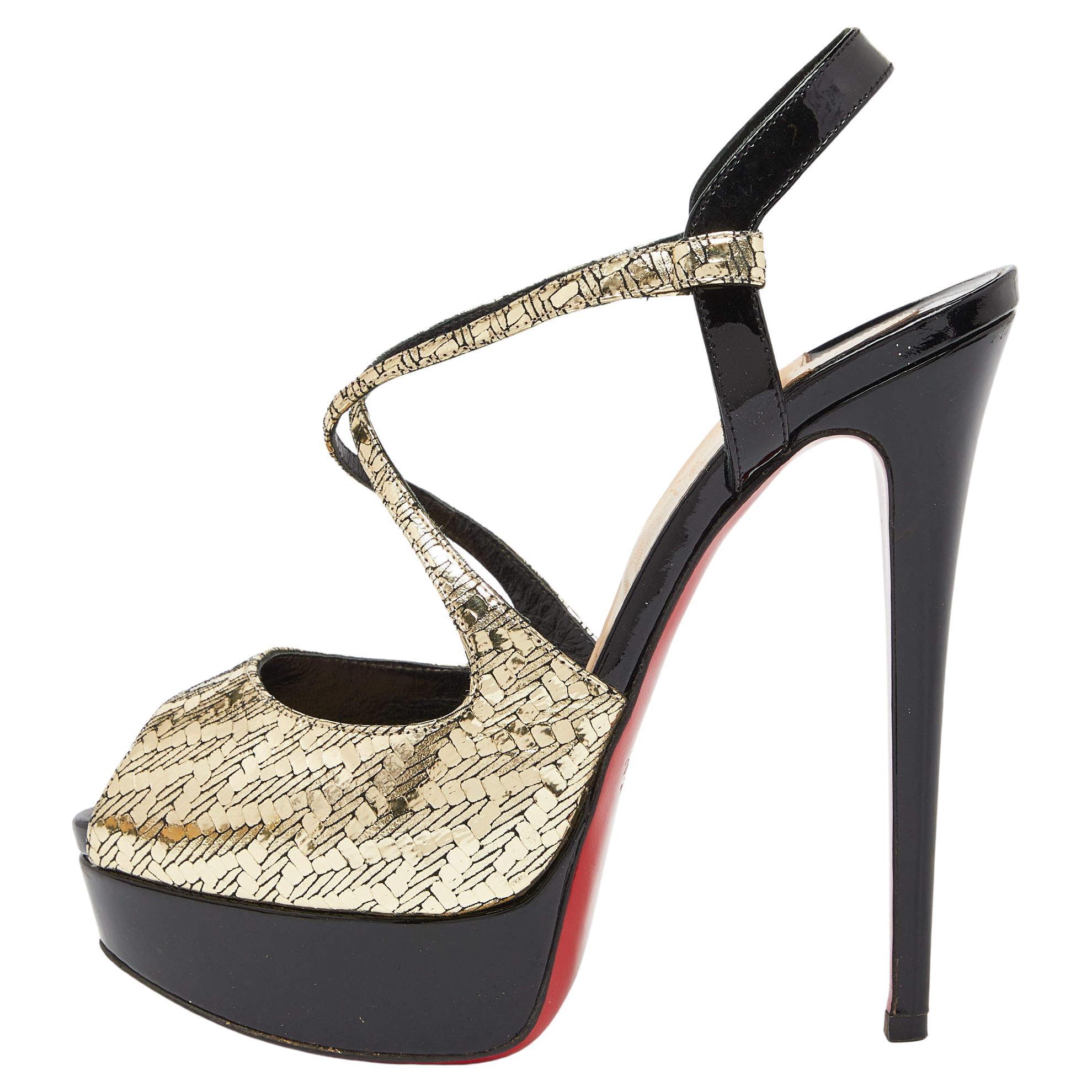Christian Louboutin Black/Gold Patent Leather Cross Street Strappy Sandals Size  For Sale