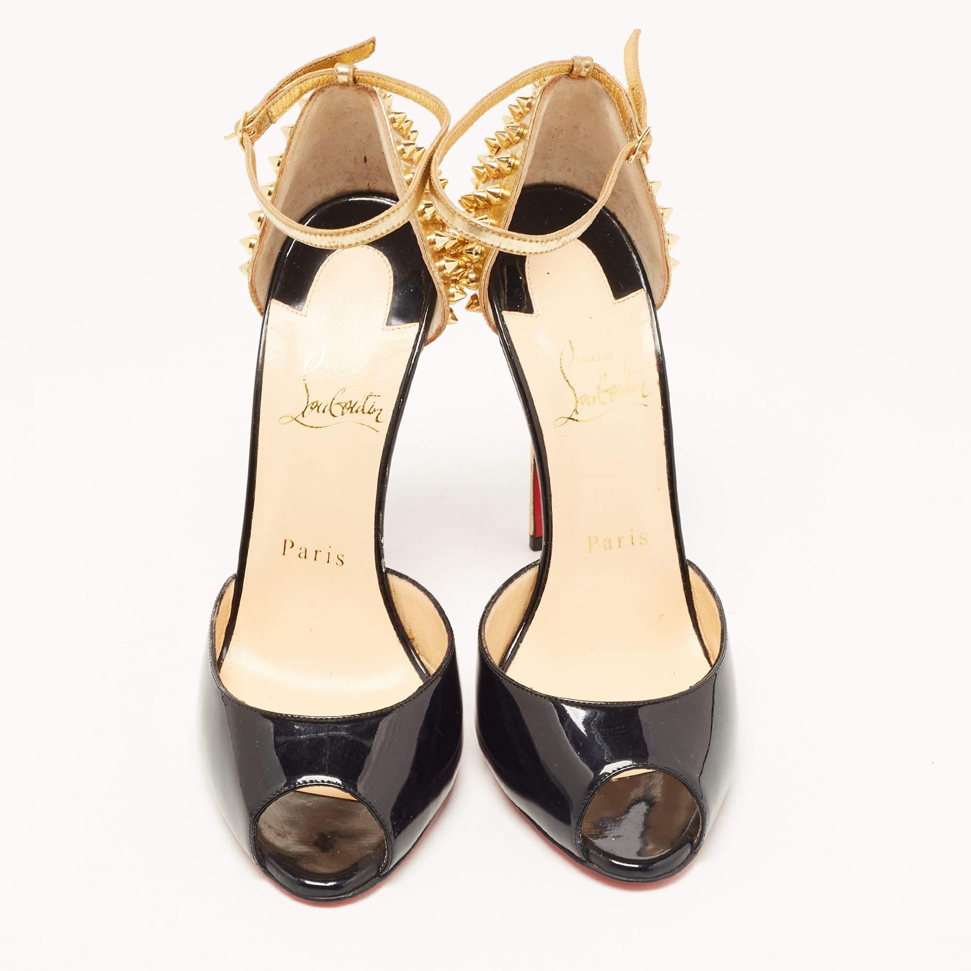 Beige Christian Louboutin Black/Gold Patent Leather Pina Spike Peep Toe Ankle Strap Sa