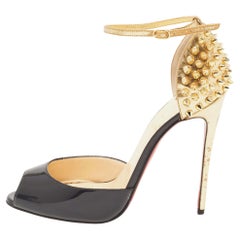 Christian Louboutin Black/Gold Patent Leather Pina Spike Peep Toe Ankle Strap Sa