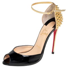 Christian Louboutin Black/Gold Patent Leather Pina Spike Strap Sandals Size 38.5
