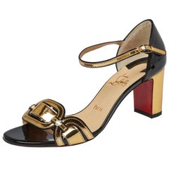 Christian Louboutin Black/Gold Patent Leather Valparaisa Sandals Size 37.5