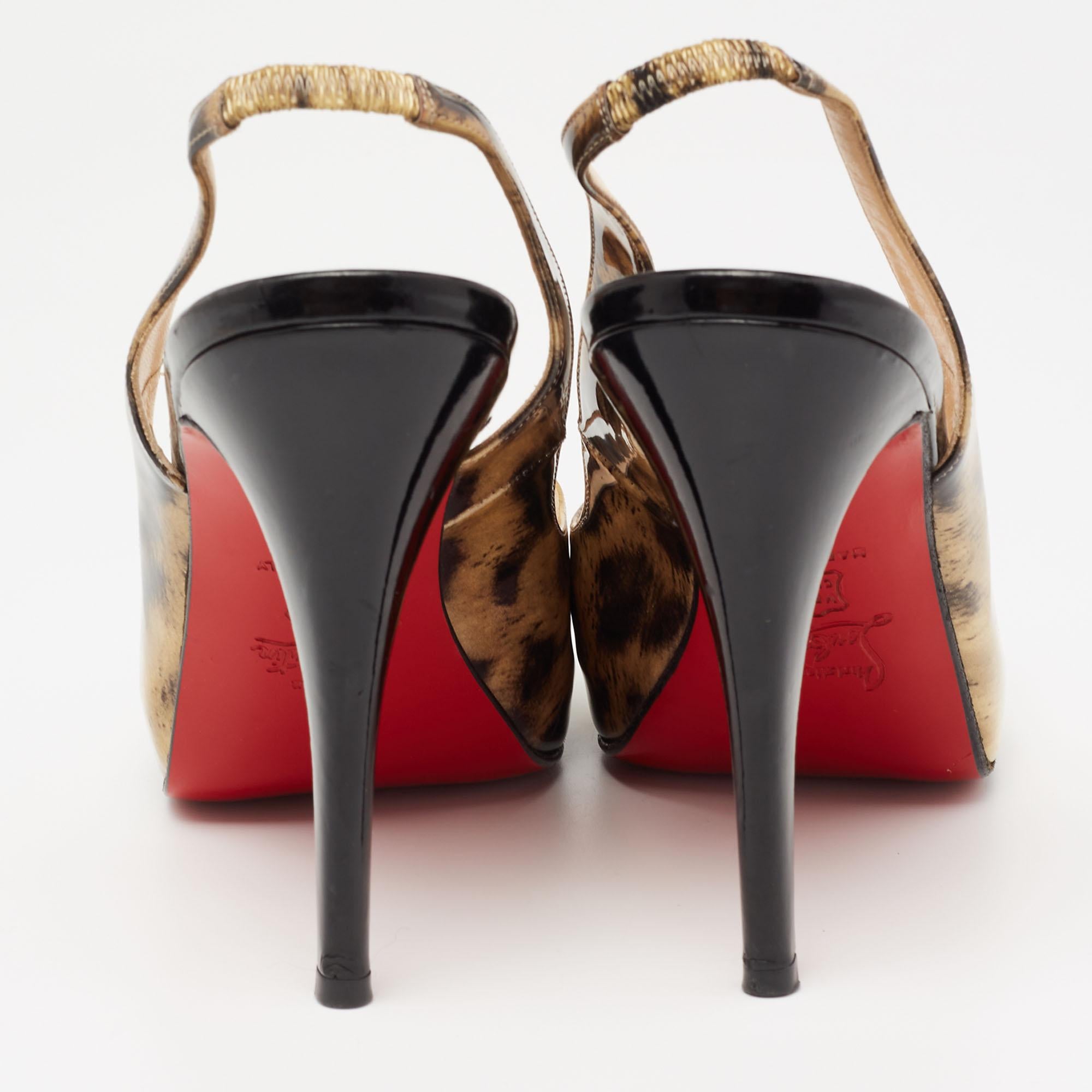 Brown Christian Louboutin Black/Gold Printed Patent Leather Slingback Sandals Size 38 For Sale