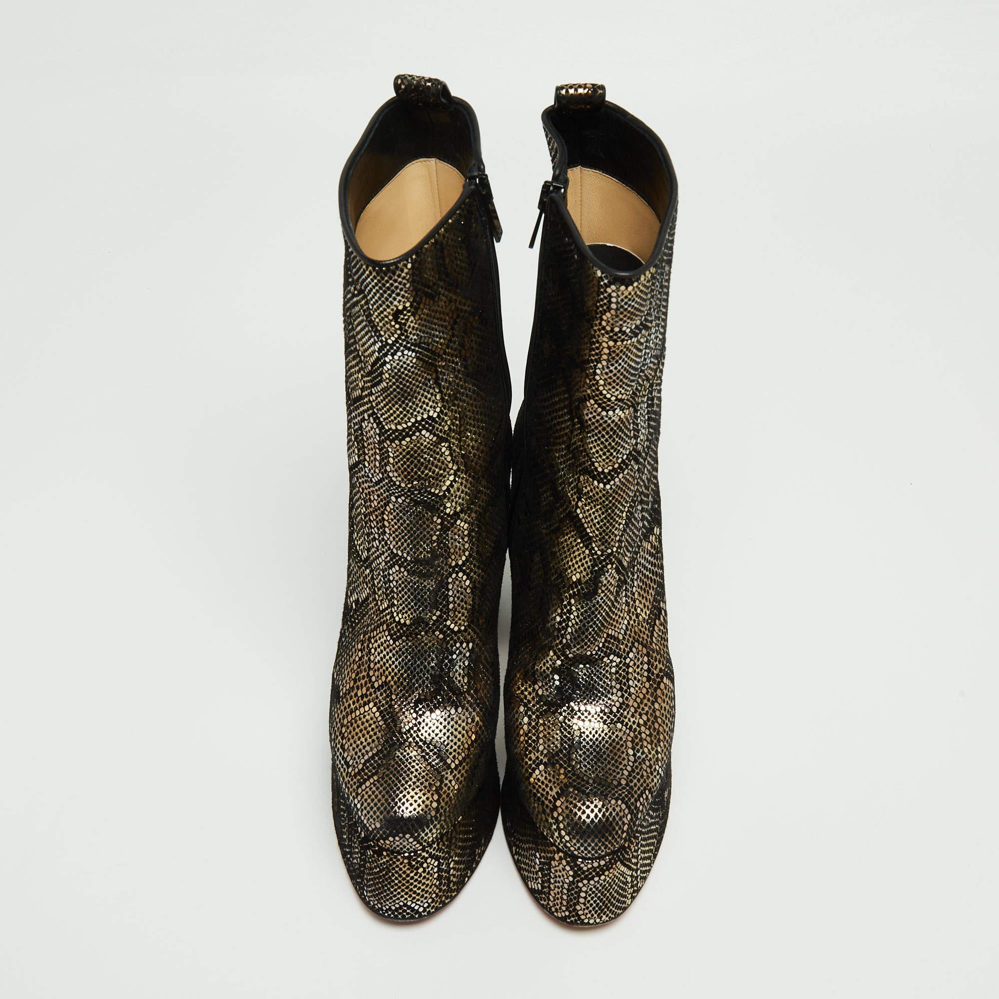 Christian Louboutin Black/Gold Snakeskin Print Suede Izamayeah Boots Size 37 In Good Condition For Sale In Dubai, Al Qouz 2