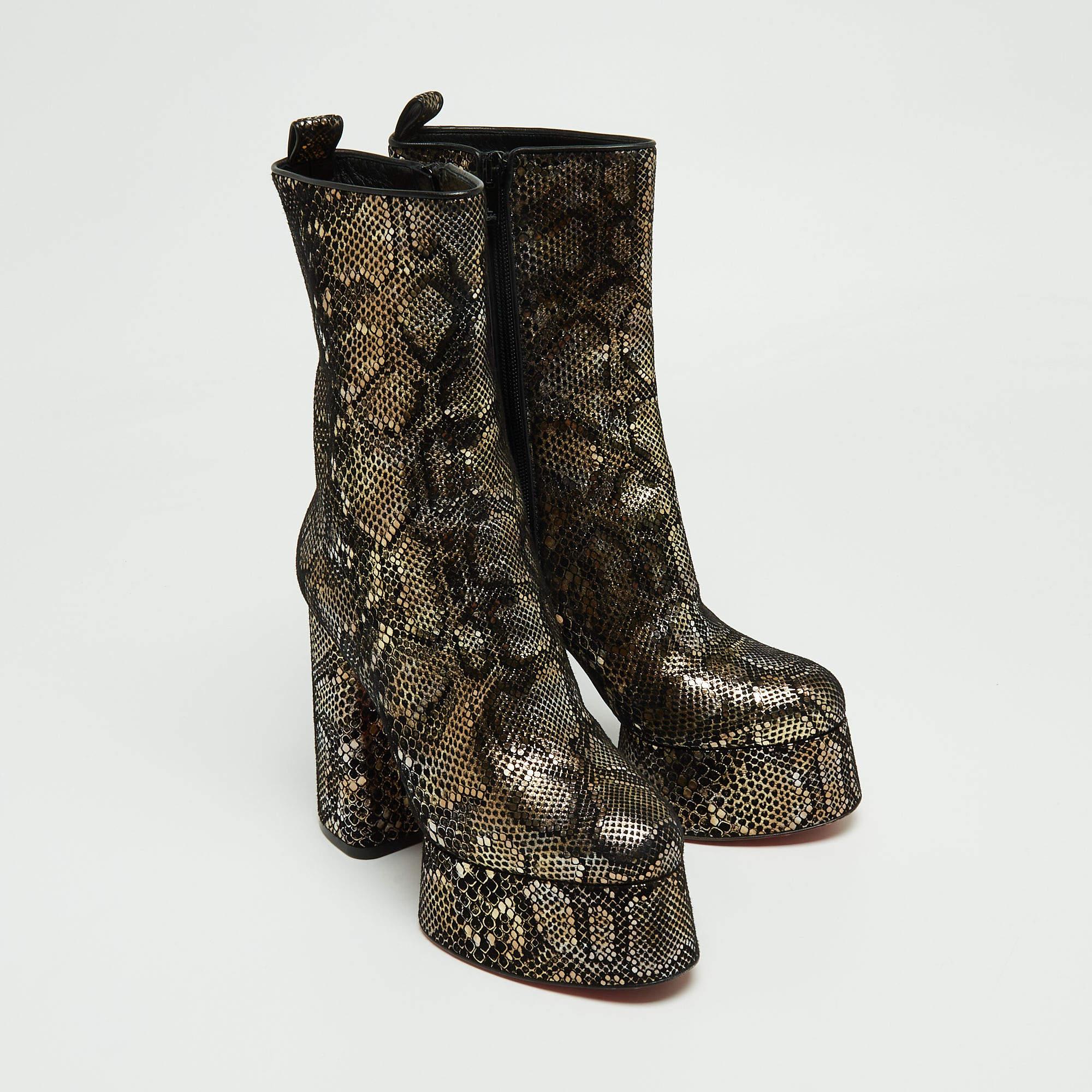Women's Christian Louboutin Black/Gold Snakeskin Print Suede Izamayeah Boots Size 37 For Sale
