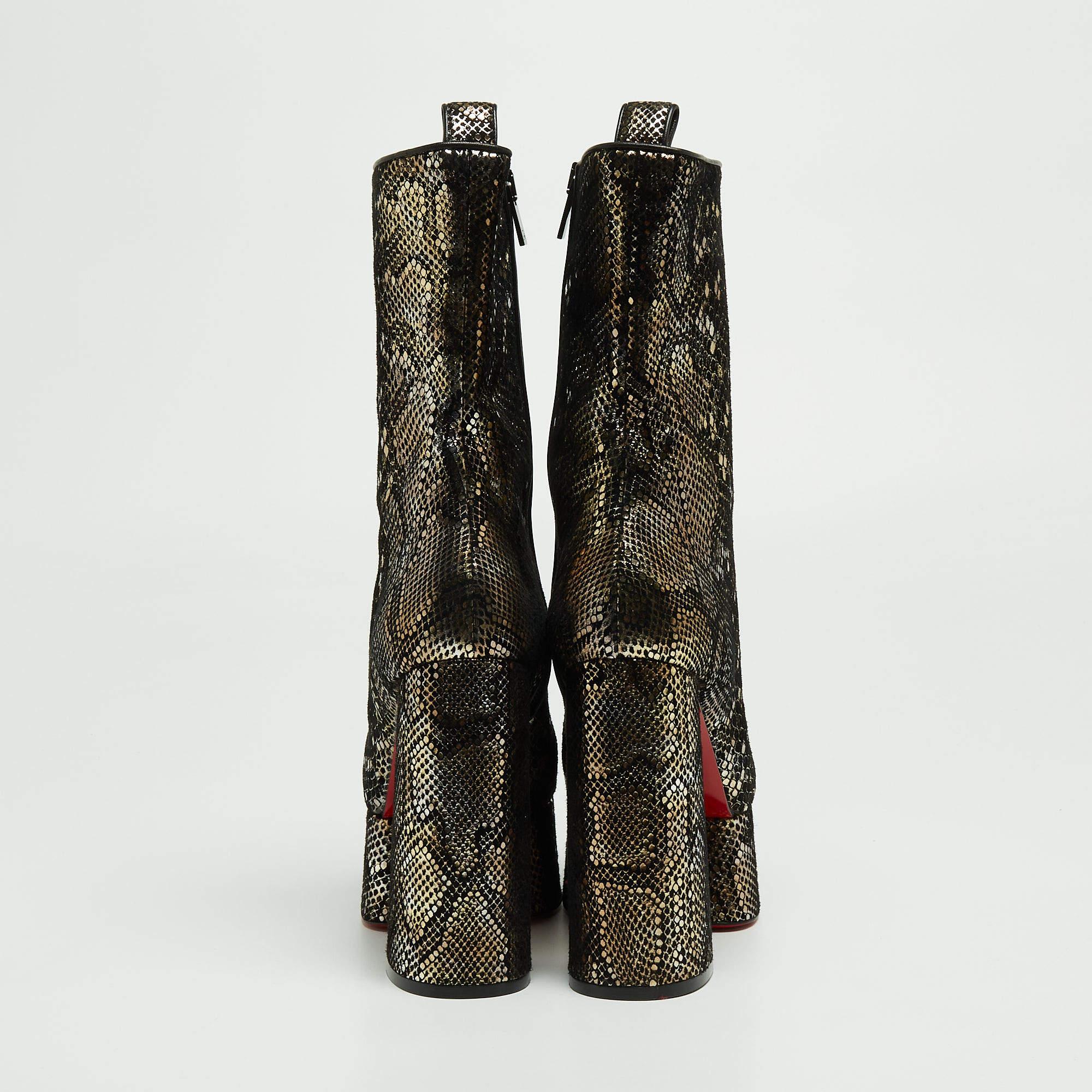 Christian Louboutin Black/Gold Snakeskin Print Suede Izamayeah Boots Size 37 For Sale 1