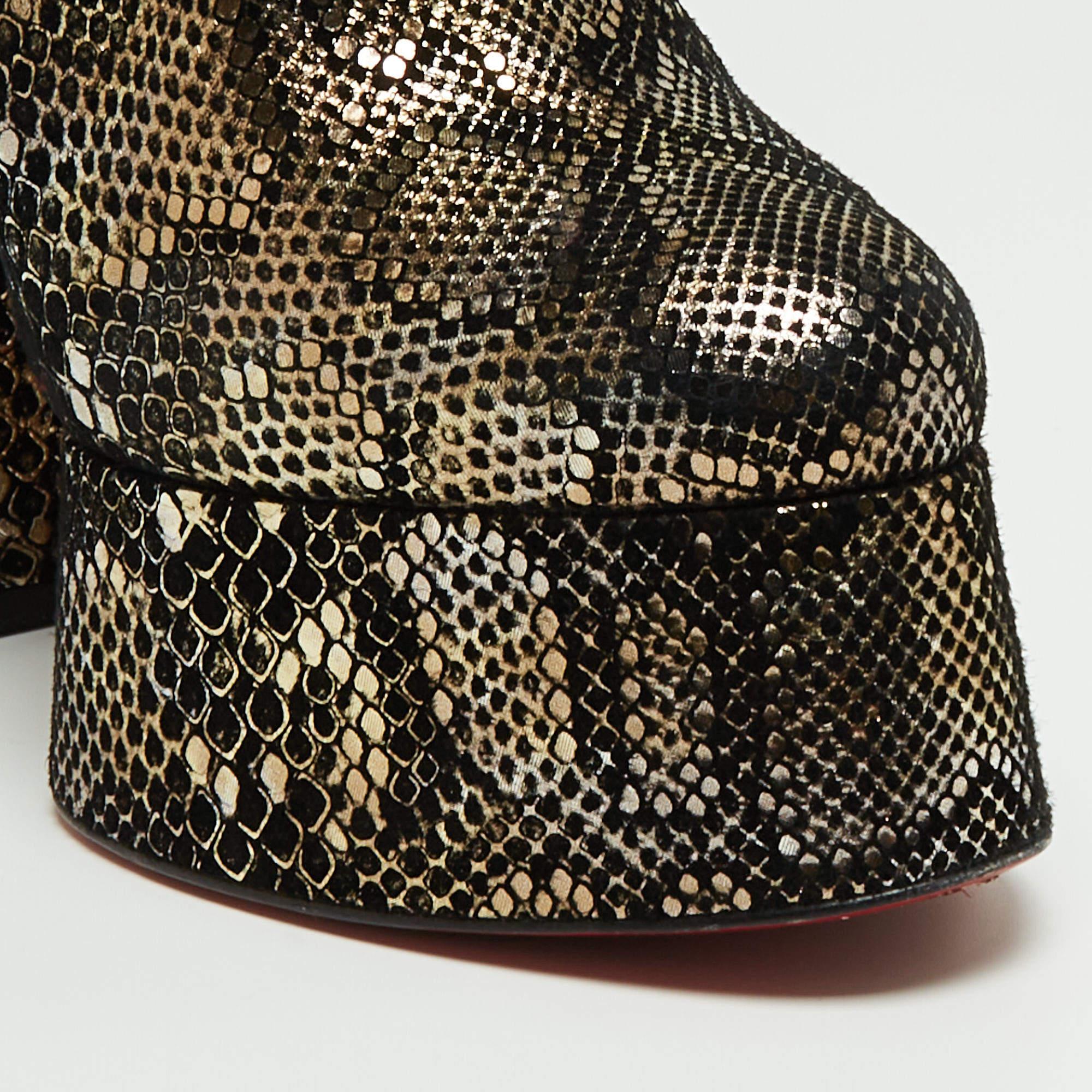 Christian Louboutin Black/Gold Snakeskin Print Suede Izamayeah Boots Size 37 For Sale 4