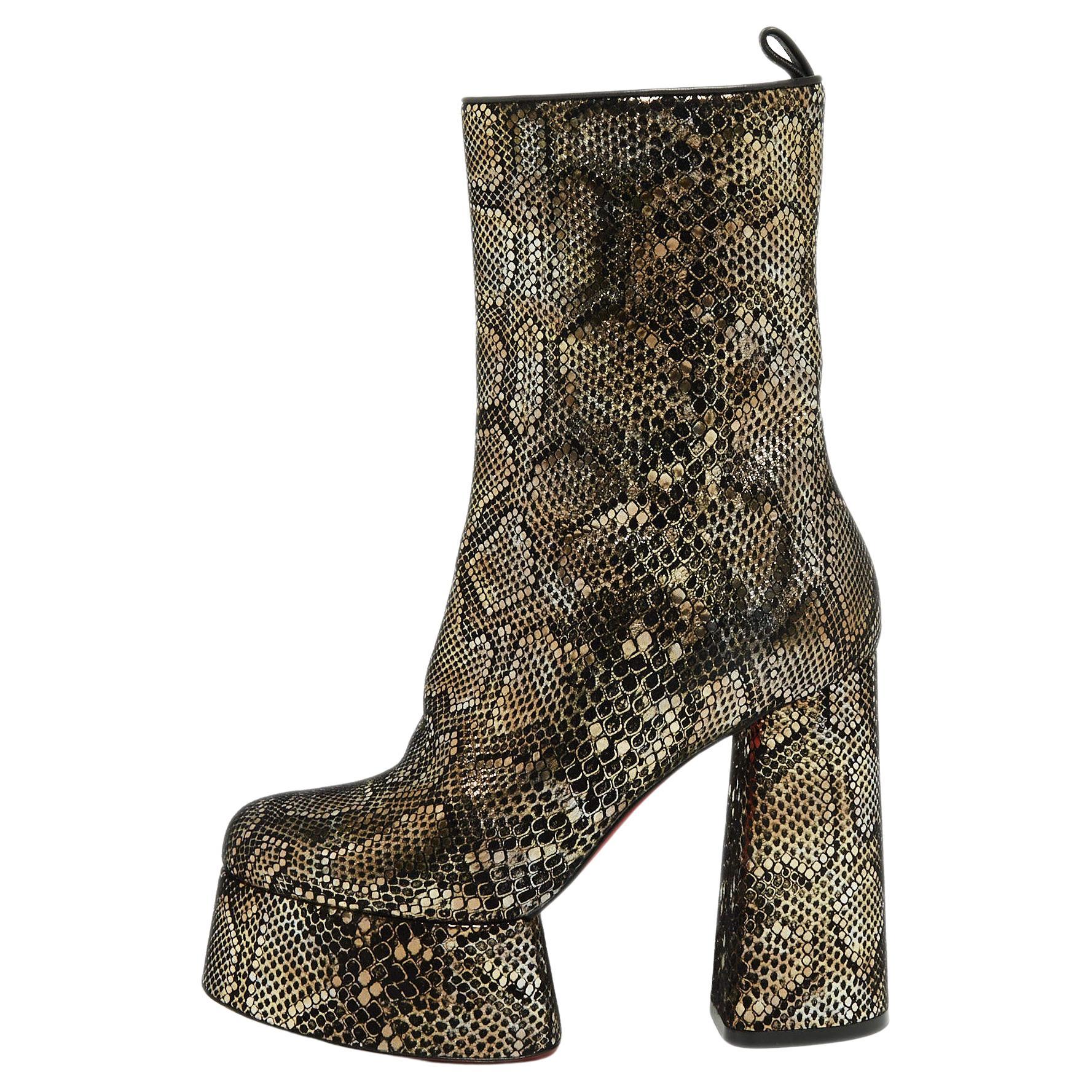 Christian Louboutin Black/Gold Snakeskin Print Suede Izamayeah Boots Size 37 For Sale