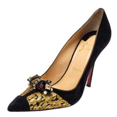 Christian Louboutin Black/Gold Suede And Brocade Tudor Net Pointed Toe Pumps Siz