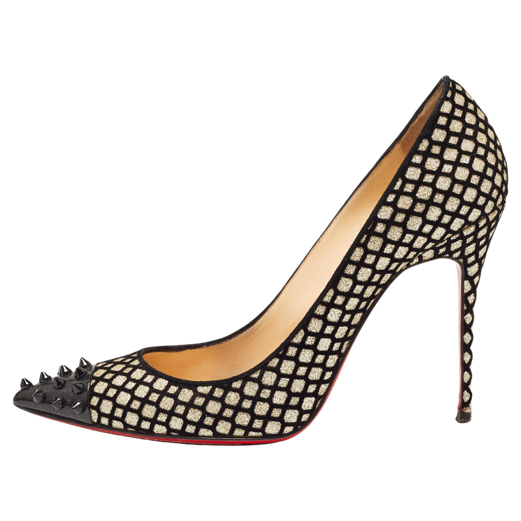 Christian Louboutin Black/Gold Suede and Glitter Geo Pumps Size 39