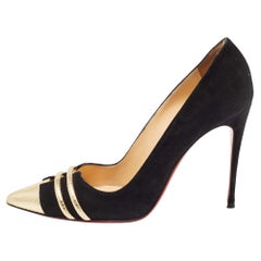 Christian Louboutin Black/Gold Suede and Leather Front Double Pumps Size 38.5