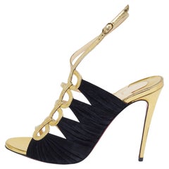 Christian Louboutin Black/Gold Suede and Leather Tina Cage Ankle-Strap Sandals