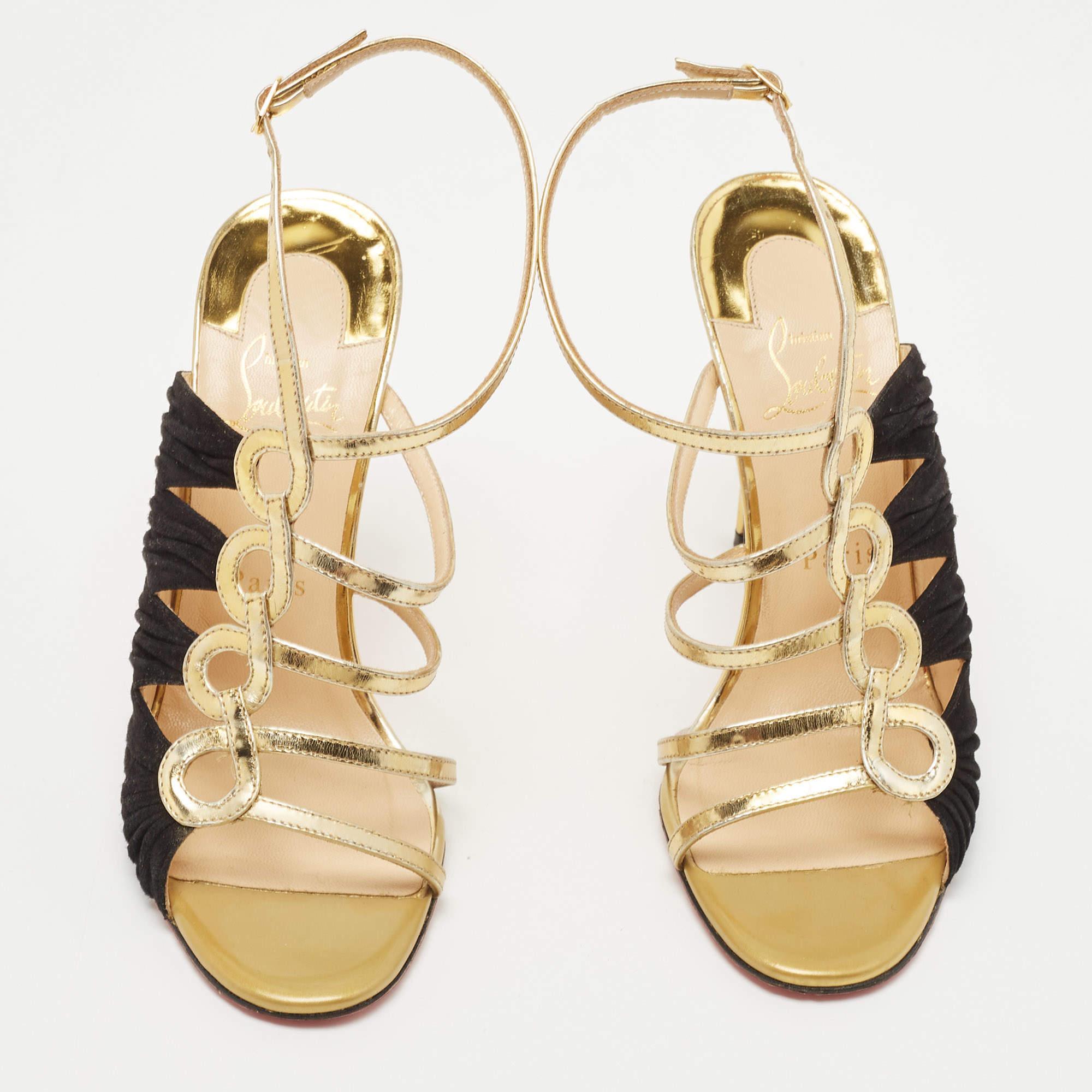Women's Christian Louboutin Black/Gold Suede and Leather Tina Sandals Size 37.5 For Sale