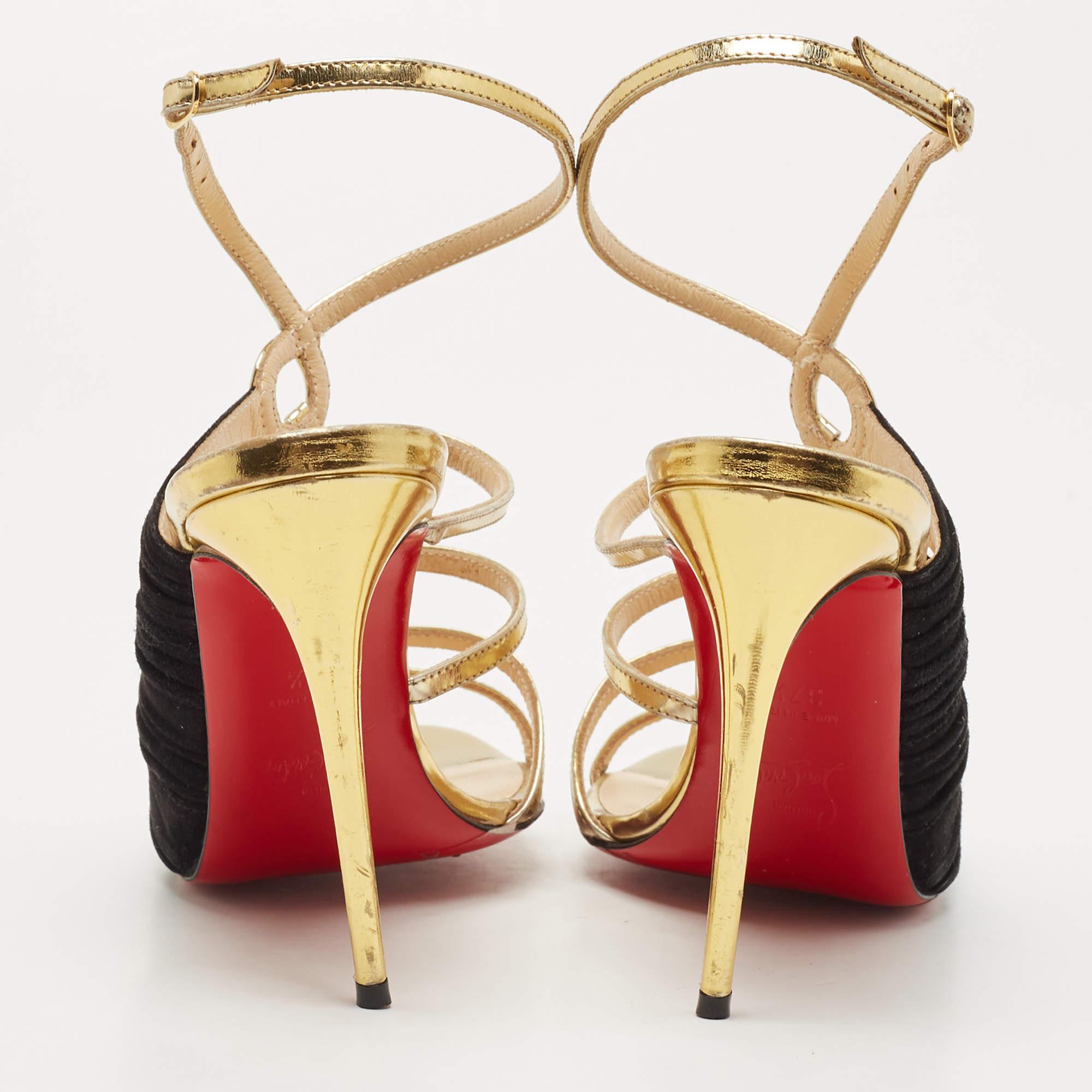 Christian Louboutin Black/Gold Suede and Leather Tina Sandals Size 37.5 For Sale 1