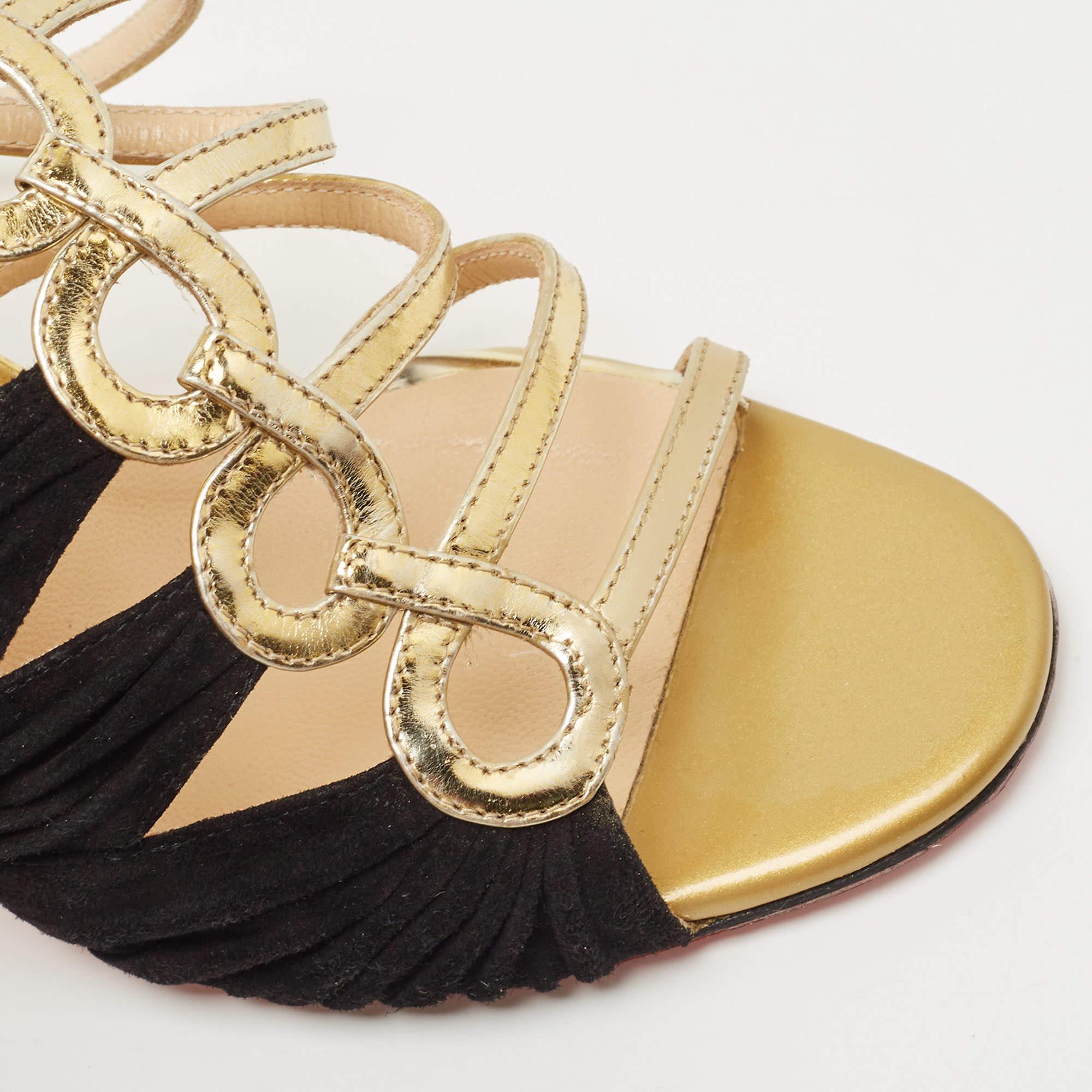 Christian Louboutin Black/Gold Suede and Leather Tina Sandals Size 37.5 For Sale 3