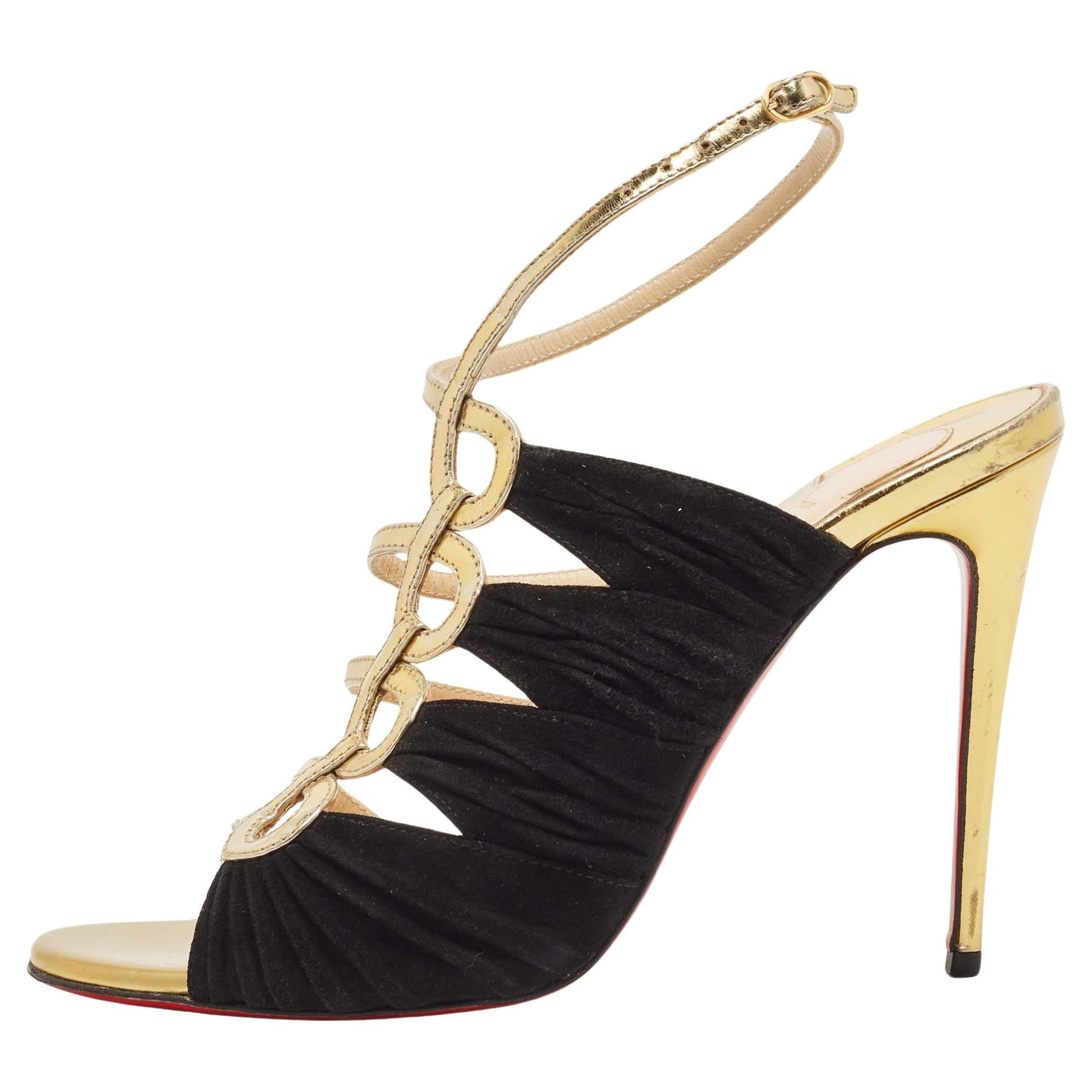 Christian Louboutin Black/Gold Suede and Leather Tina Sandals Size 37.5 For Sale