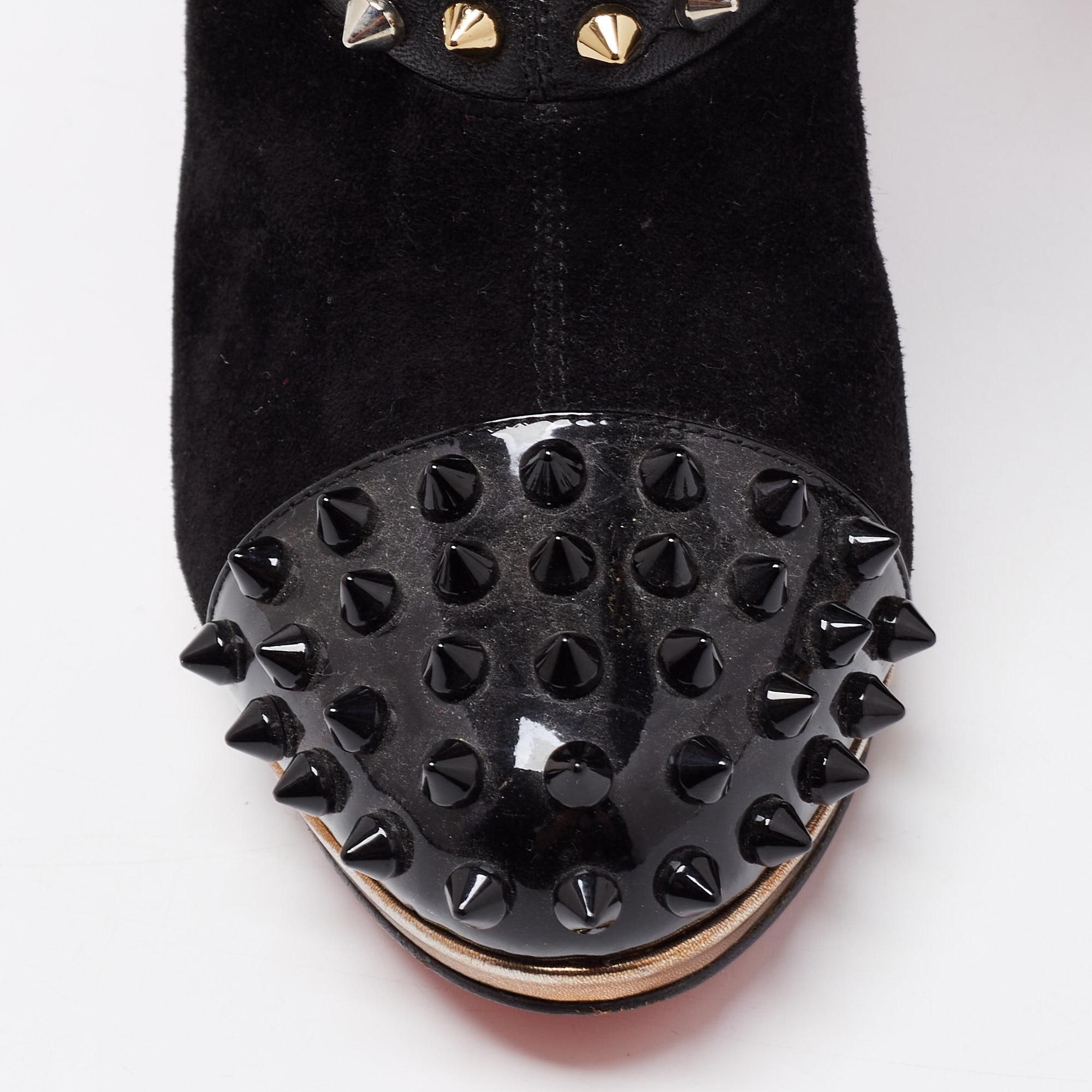Women's Christian Louboutin Black/Gold Suede, Patent and Leather Ankle Bootie Size 35.5 For Sale
