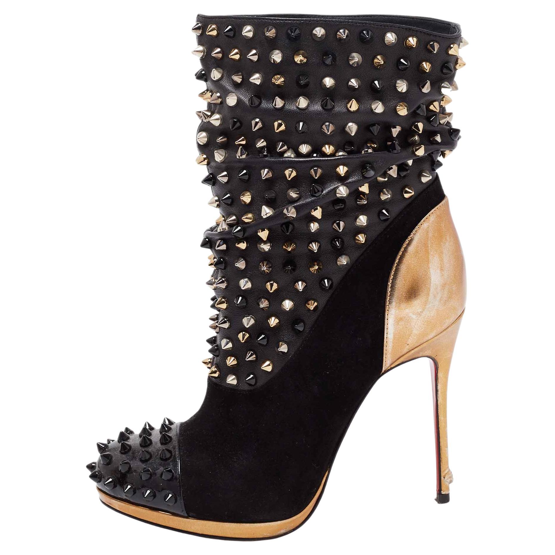 Christian Louboutin Black/Gold Suede, Patent and Leather Ankle Bootie Size 35.5 For Sale