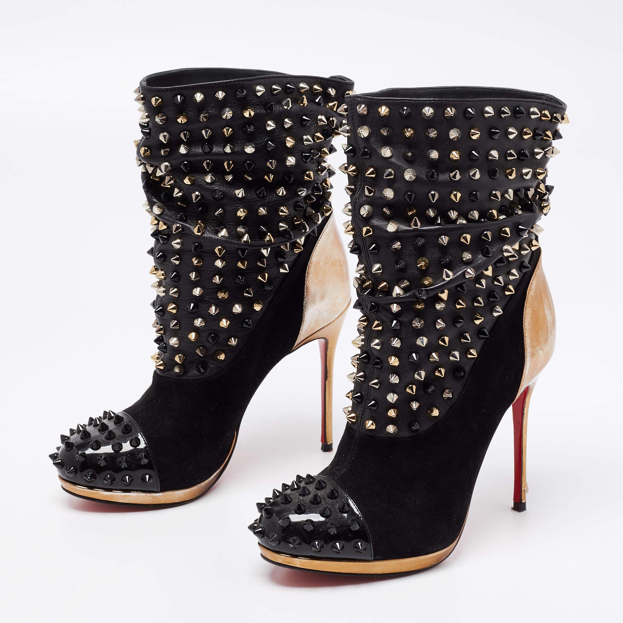 Women's Christian Louboutin Black/Gold Suede, Patent Spike Wars Ankle Booties Size 35.5 For Sale