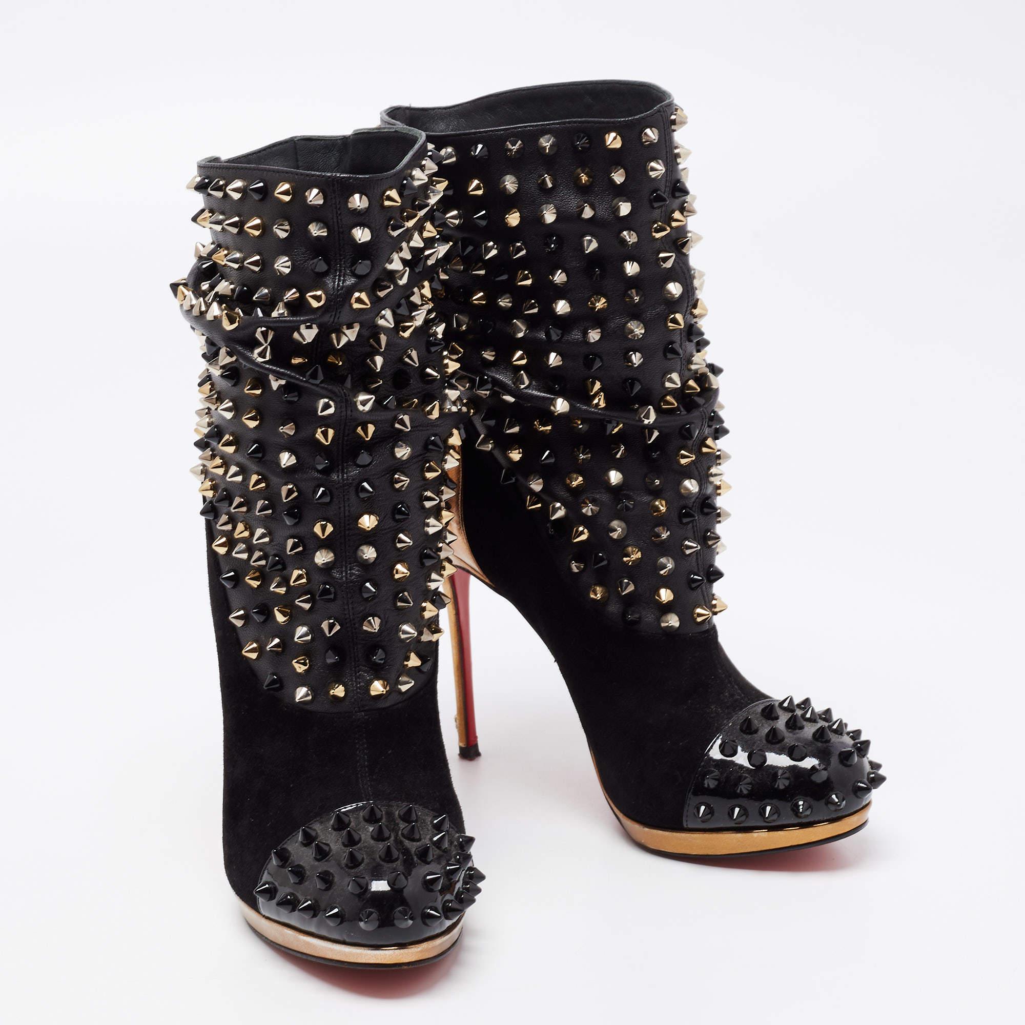 Christian Louboutin Black/Gold Suede, Patent Spike Wars Ankle Booties Size 35.5 For Sale 1